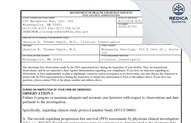 FDA 483 - Jessica A. Thomes-Pepin, M.D. [Minneapolis / United States of America] - Download PDF - Redica Systems