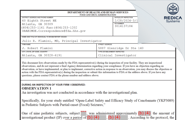 FDA 483 - J. Robert Flamini [Atlanta / United States of America] - Download PDF - Redica Systems