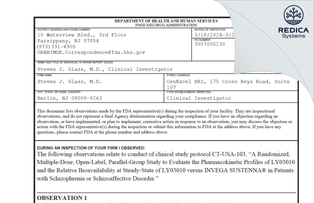 FDA 483 - Steven J. Glass, M.D. [Berlin / United States of America] - Download PDF - Redica Systems