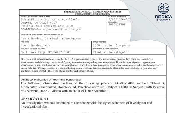 FDA 483 - Joe S Mendez, M.D. [Salt Lake City / United States of America] - Download PDF - Redica Systems