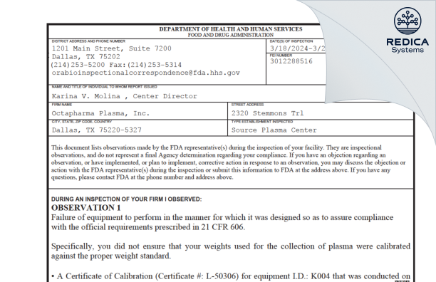 FDA 483 - Octapharma Plasma, Inc. [Dallas / United States of America] - Download PDF - Redica Systems