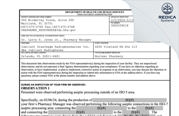 FDA 483 - Jubilant DraxImage Radiopharmacies Inc. dba Jubilant Radiopharma [Orlando / United States of America] - Download PDF - Redica Systems