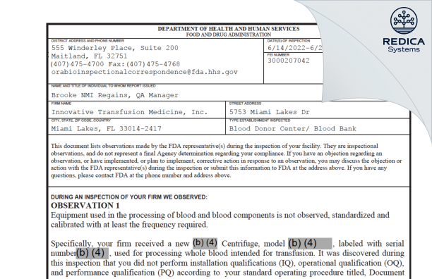 FDA 483 - Innovative Transfusion Medicine, Inc. [Miami Lakes / United States of America] - Download PDF - Redica Systems