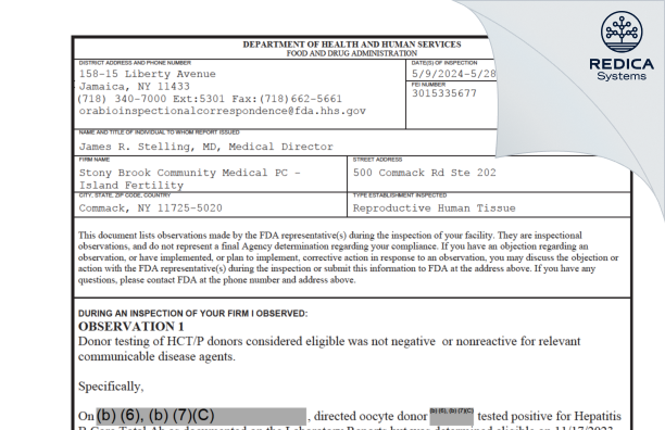 FDA 483 - Stony Brook Community Medical PC - Island Fertility [Commack / United States of America] - Download PDF - Redica Systems