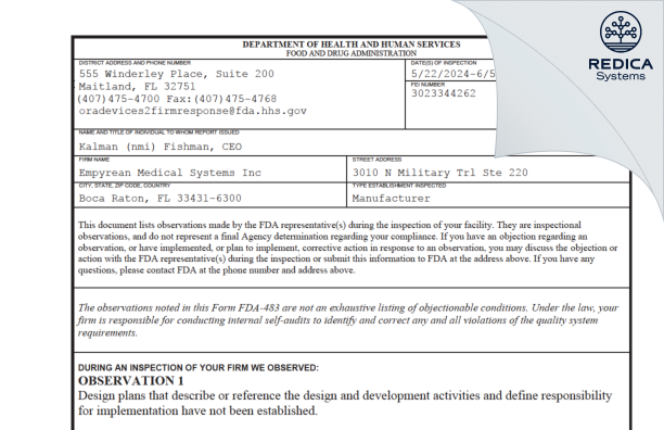 FDA 483 - Empyrean Medical Systems Inc [Boca Raton / United States of America] - Download PDF - Redica Systems