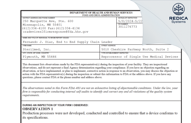 FDA 483 - Sterilmed, Inc. [Minneapolis / United States of America] - Download PDF - Redica Systems