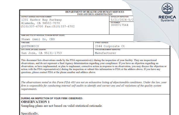 FDA 483 - QOSTRONICS [San Jose / United States of America] - Download PDF - Redica Systems