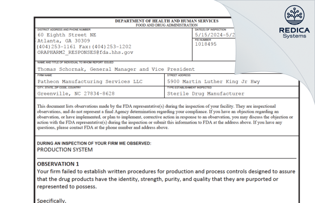 FDA 483 - Patheon Manufacturing Services LLC [Greenville / United States of America] - Download PDF - Redica Systems