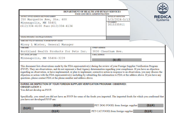 FDA 483 - Northland Health Products for Pets Inc. [Minneapolis / United States of America] - Download PDF - Redica Systems