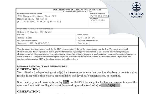 FDA 483 - BOMAZ, INC. [Hammond / United States of America] - Download PDF - Redica Systems