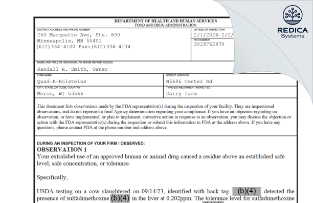 FDA 483 - Quad-R-Holsteins [Monroe / United States of America] - Download PDF - Redica Systems