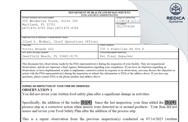 FDA 483 - Torito Brands LLC [Deerfield Beach / United States of America] - Download PDF - Redica Systems