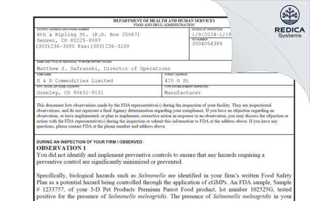 FDA 483 - D & D Commodities Limited [Greeley / United States of America] - Download PDF - Redica Systems