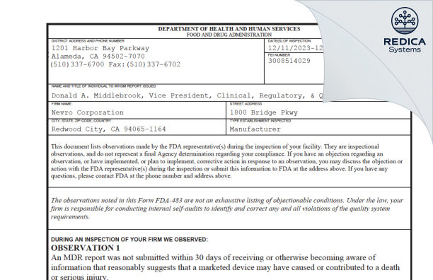 FDA 483 - Nevro Corporation [Redwood City / United States of America] - Download PDF - Redica Systems