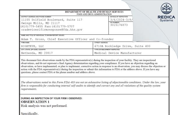 FDA 483 - RIGHTEYE, LLC [Bethesda / United States of America] - Download PDF - Redica Systems