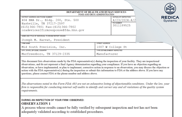 FDA 483 - Mid South Precision, Inc. [Murfreesboro / United States of America] - Download PDF - Redica Systems