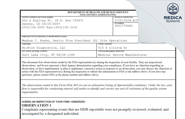 FDA 483 - BioFire Diagnostics, LLC [Salt Lake City / United States of America] - Download PDF - Redica Systems