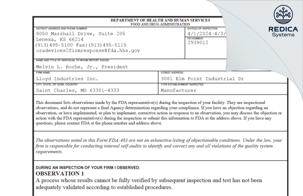 FDA 483 - Lloyd Industries Inc. [Saint Charles / United States of America] - Download PDF - Redica Systems