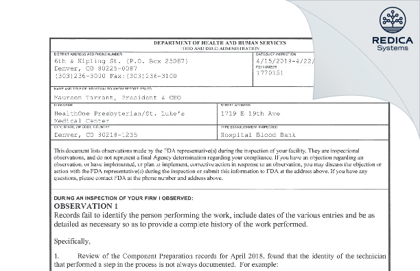 FDA 483 - Presbyterian/St. Luke's Medical Center Donor Services [Denver / United States of America] - Download PDF - Redica Systems