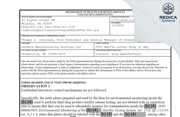 FDA 483 - Patheon Manufacturing Services LLC [Greenville / United States of America] - Download PDF - Redica Systems