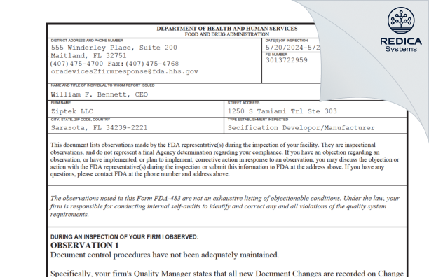 FDA 483 - Ziptek LLC [Sarasota / United States of America] - Download PDF - Redica Systems