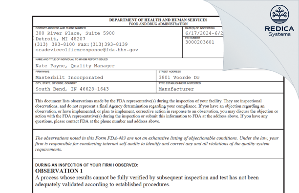 FDA 483 - Masterbilt Incorporated [South Bend / United States of America] - Download PDF - Redica Systems