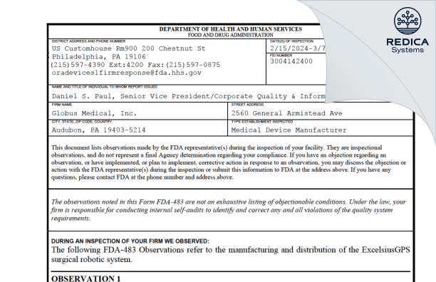 FDA 483 - Globus Medical, Inc. [West Norriton / United States of America] - Download PDF - Redica Systems