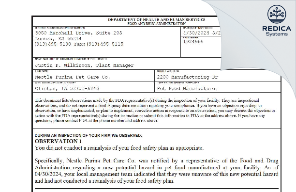 FDA 483 - Nestle Purina Pet Care Co. [Clinton / United States of America] - Download PDF - Redica Systems