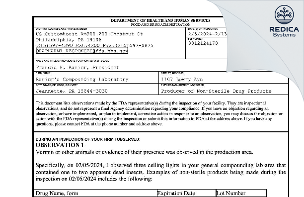 FDA 483 - Ranier's Compounding Laboratory [Jeannette / United States of America] - Download PDF - Redica Systems