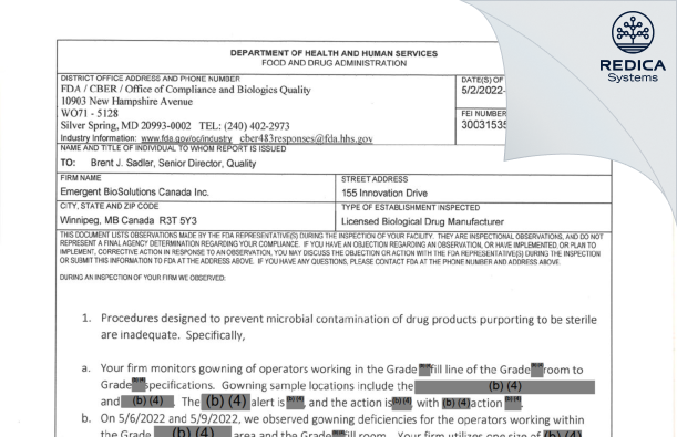 FDA 483 - Emergent BioSolutions Canada Inc [Winnipeg / Canada] - Download PDF - Redica Systems