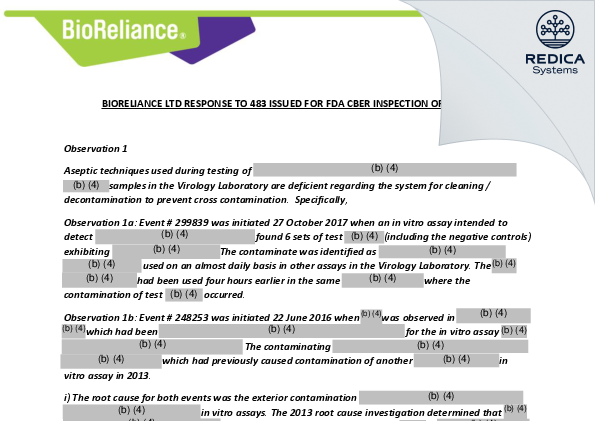 FDA 483 Response - BioReliance [Bothell / United States of America] - Download PDF - Redica Systems