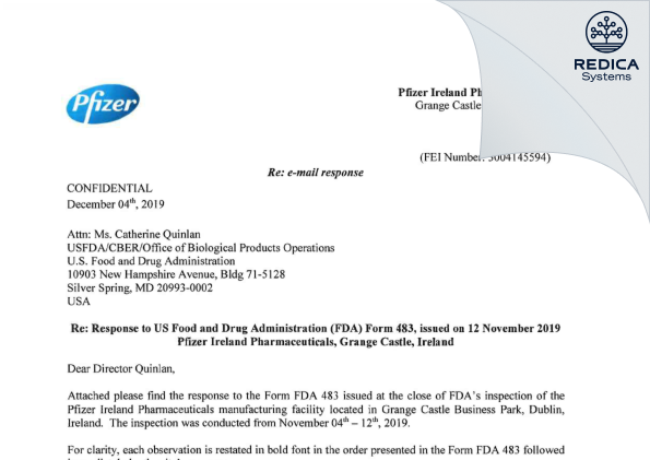 FDA 483 Response - Pfizer Ireland Pharmaceuticals [Dublin / Ireland] - Download PDF - Redica Systems