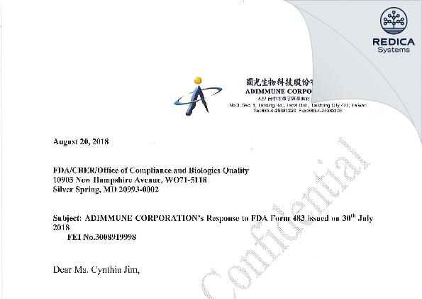 FDA 483 Response - ADIMMUNE CORPORATION [Tanzi District / Taiwan] - Download PDF - Redica Systems