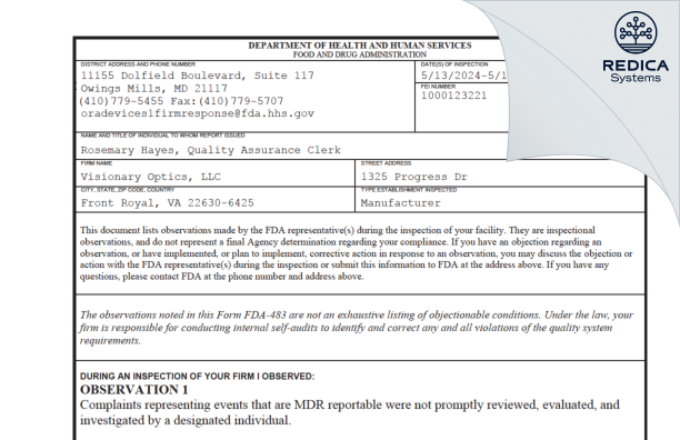 FDA 483 - Visionary Optics, LLC [Front Royal / United States of America] - Download PDF - Redica Systems