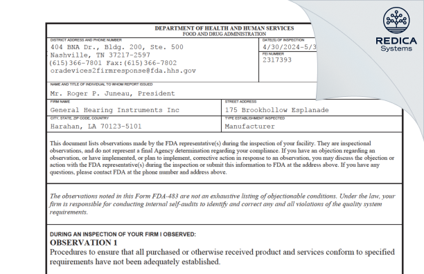 FDA 483 - General Hearing Instruments Inc [New Orleans / United States of America] - Download PDF - Redica Systems