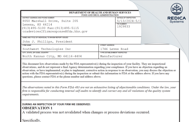 FDA 483 - Southwest Technologies Inc [Kansas City / United States of America] - Download PDF - Redica Systems