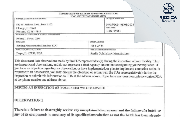 FDA 483 - Sterling Pharmaceutical Services, LLC [East Carondelet / United States of America] - Download PDF - Redica Systems