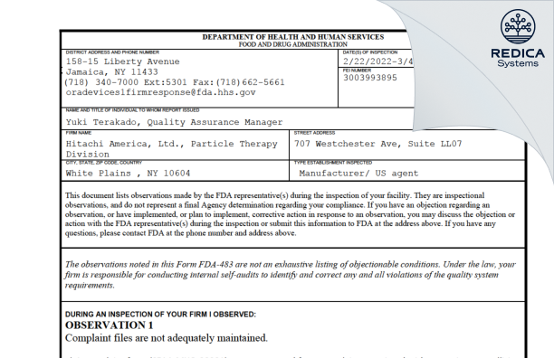 FDA 483 - Hitachi America, Ltd., Particle Therapy Division [West Harrison / United States of America] - Download PDF - Redica Systems