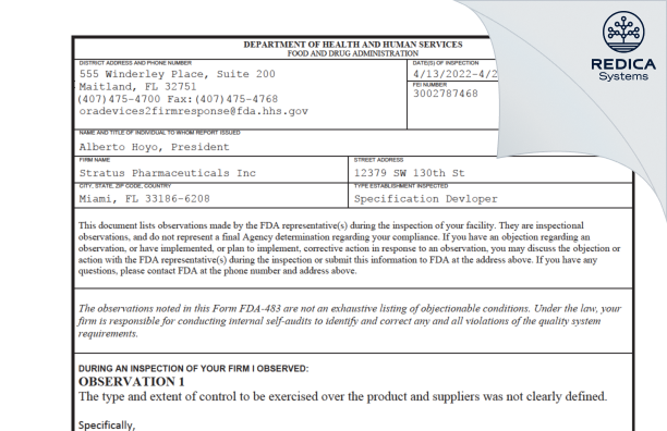 FDA 483 - Stratus Pharmaceuticals Inc [Miami / United States of America] - Download PDF - Redica Systems