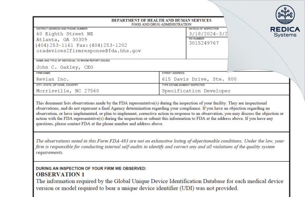 FDA 483 - Revian Inc. [Morrisville / United States of America] - Download PDF - Redica Systems