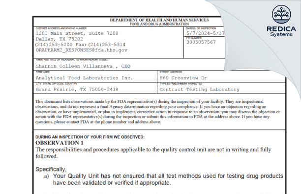 FDA 483 - Analytical Food Laboratories [Grand Prairie / United States of America] - Download PDF - Redica Systems