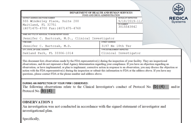 FDA 483 - Jennifer C. Bartczak, M.D. [Oakland Park / United States of America] - Download PDF - Redica Systems