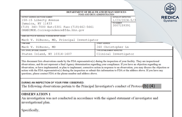 FDA 483 - Mark V. DiBuono, MD [Staten Island / United States of America] - Download PDF - Redica Systems