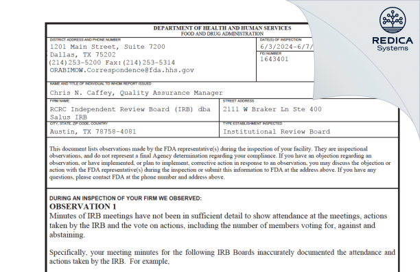 FDA 483 - RCRC Independent Review Board (IRB) dba Salus IRB [Austin / United States of America] - Download PDF - Redica Systems