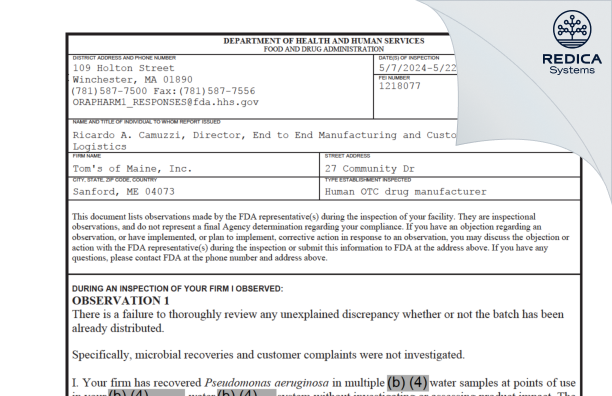 FDA 483 - Tom's of Maine, Inc. [Sanford / United States of America] - Download PDF - Redica Systems