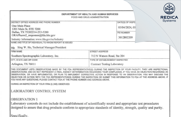 FDA 483 - Southern Spectrographic Laboratory, Inc. [Arlington / United States of America] - Download PDF - Redica Systems