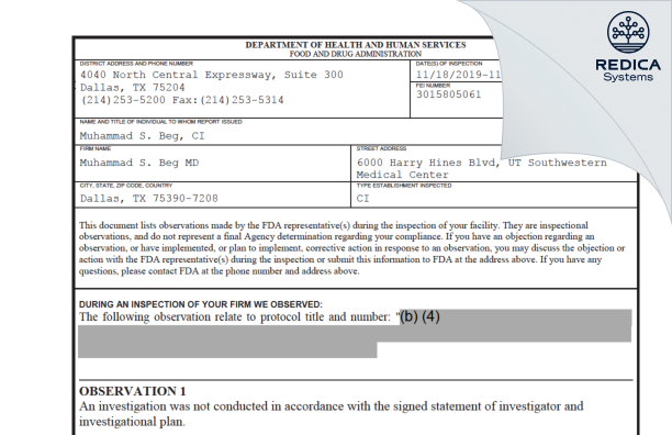 FDA 483 - Muhammad S. Beg MD [Dallas / United States of America] - Download PDF - Redica Systems