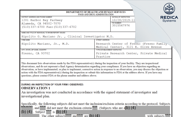 FDA 483 - Hipolito Mariano, Jr., M.D. [Fresno / United States of America] - Download PDF - Redica Systems