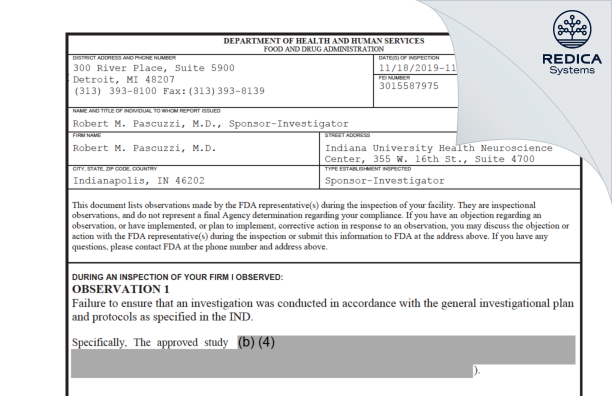 FDA 483 - Robert M. Pascuzzi, M.D. [Indianapolis / United States of America] - Download PDF - Redica Systems