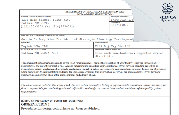 FDA 483 - Baylab USA, LLC [Dallas / United States of America] - Download PDF - Redica Systems